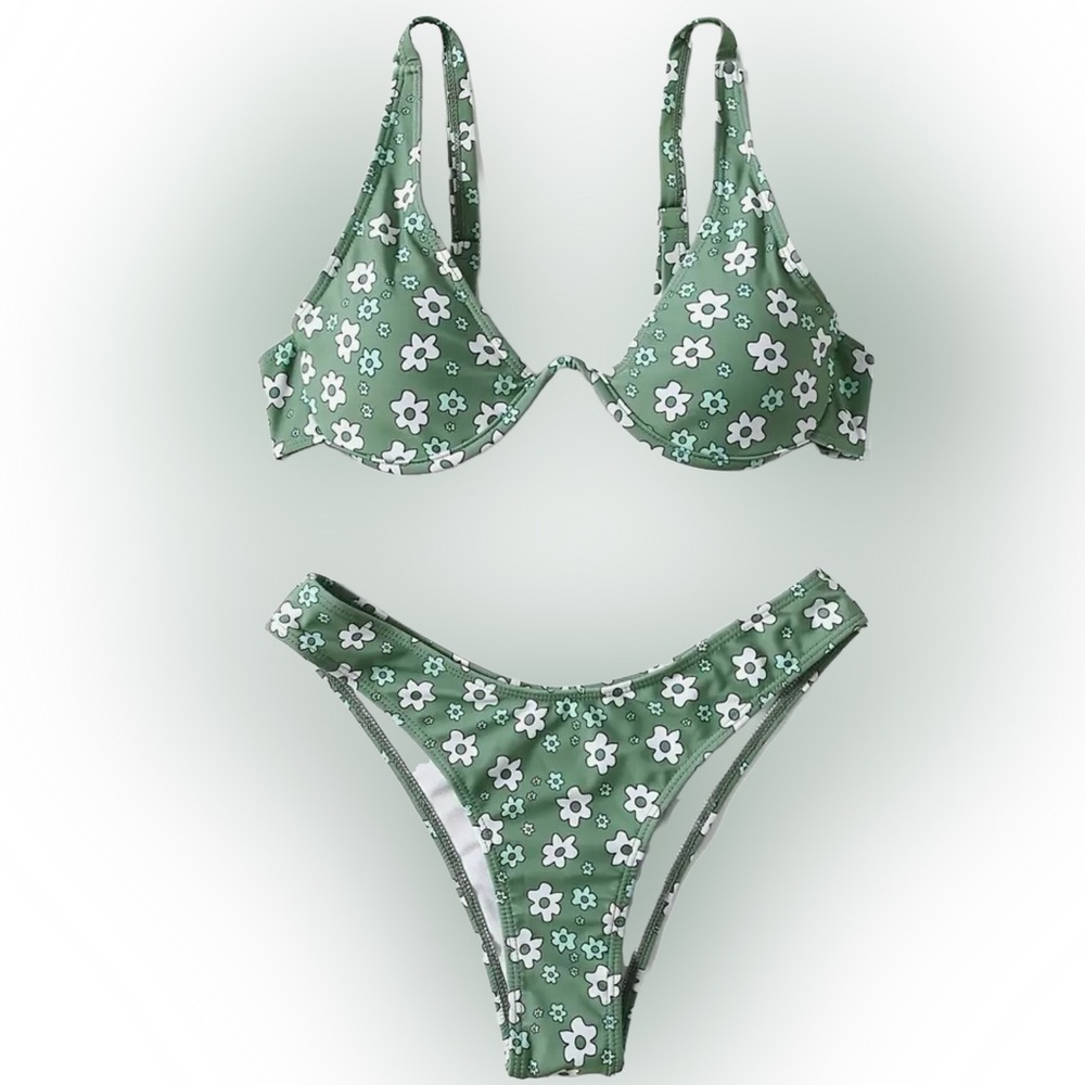 Green Floral Underwire Bikini Set